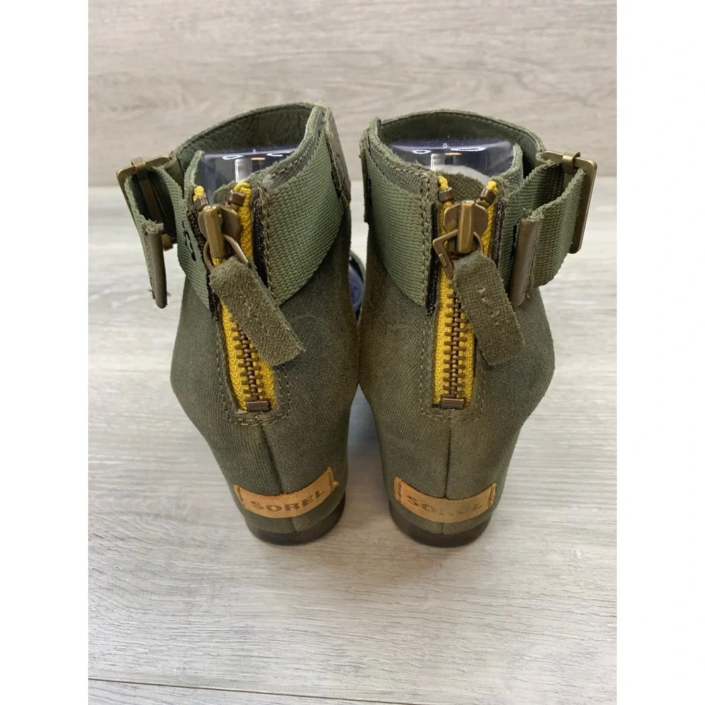 Sorel Joanie Women's Sandals Sage Green Wedge Leather Canvas 11 Comfort Shoes